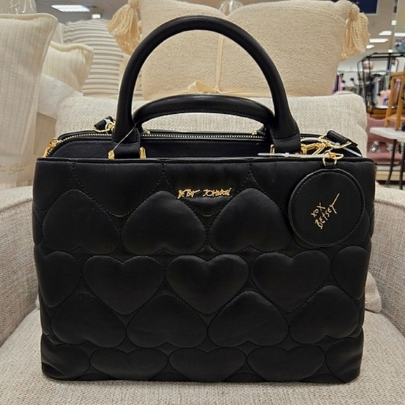 🔹️BETSEY JOHNSON 🔹️Large Quilted Puffy Hearts XODelta Satchel Bag Black - Picture 1 of 12